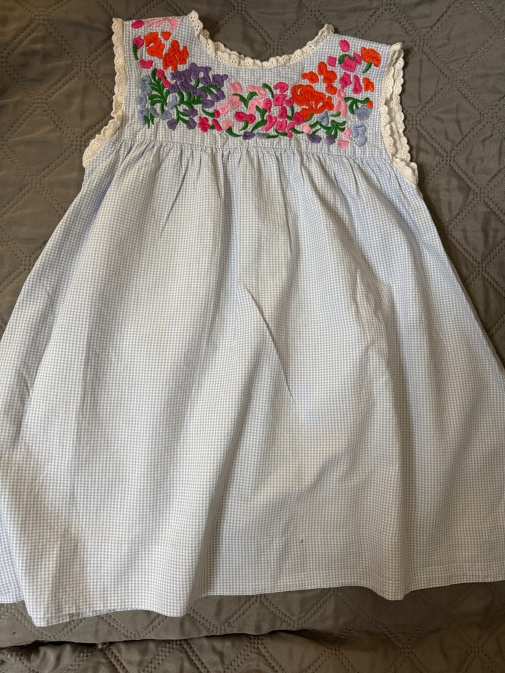Girls' Light Blue Gingham Sleeveless Dress with Floral Embroidery